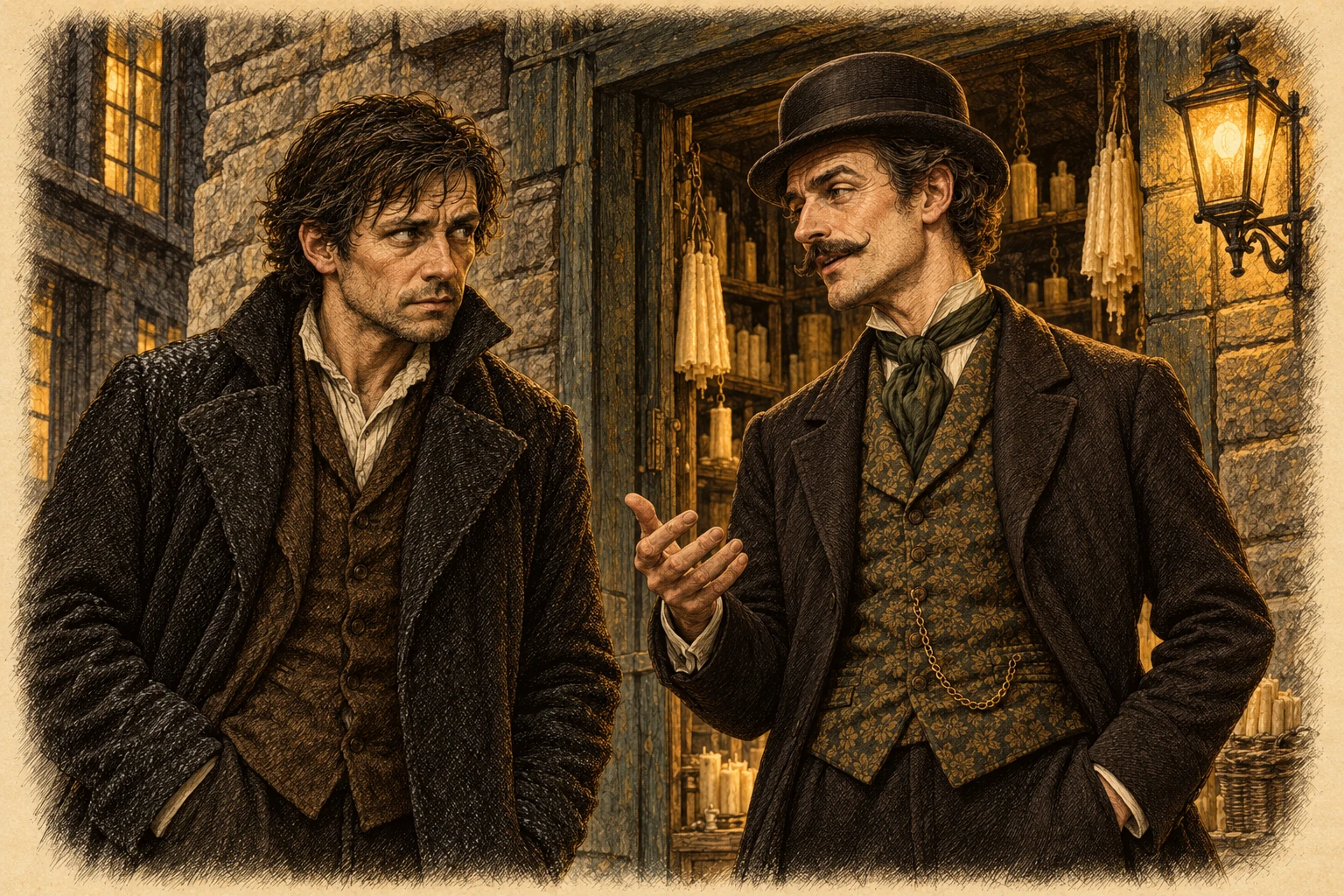 Thomas McWilliams talking to the Candlemaker at his shop doorway