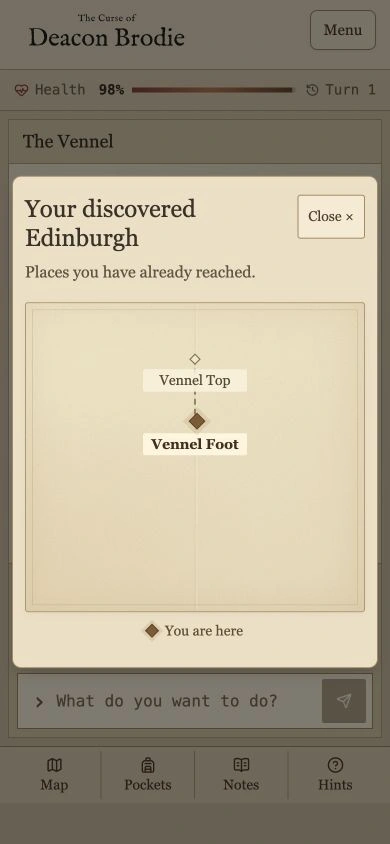 Phone game with the discovered street map panel open