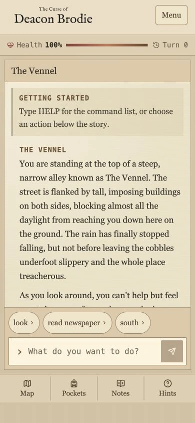 Phone game showing the scrolling story, command box and bottom toolbar