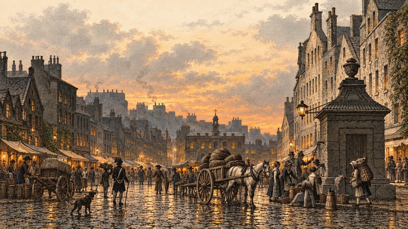 The crowded Grassmarket in an atmospheric adaptation of an antique engraving